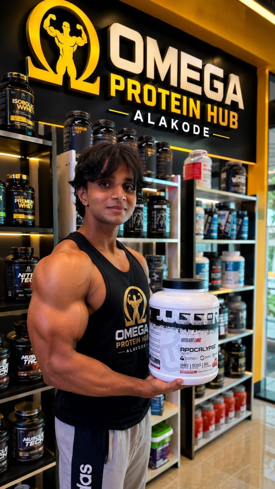 Omega Protein Hub store in Alakode, Kannur — shelves of supplements